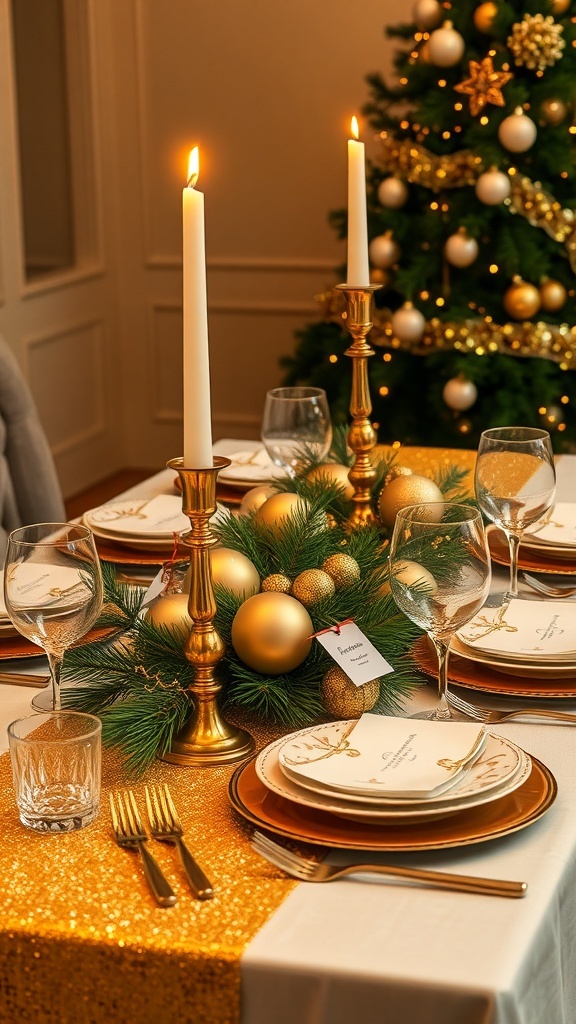 Elegant Christmas table setting with gold decorations, candles, and festive centerpieces.